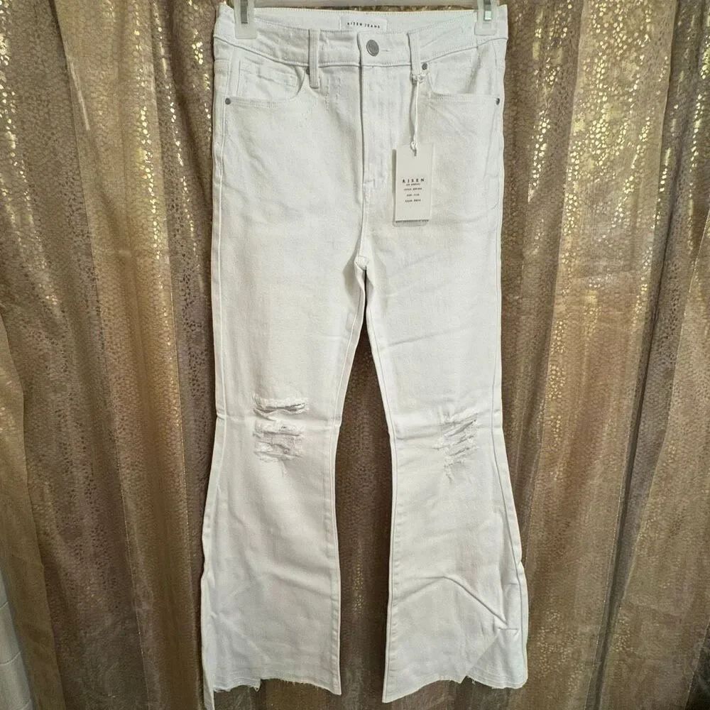 Risen White High Rise Wide Flare Leg Distressed Jeans 11/30 NWT